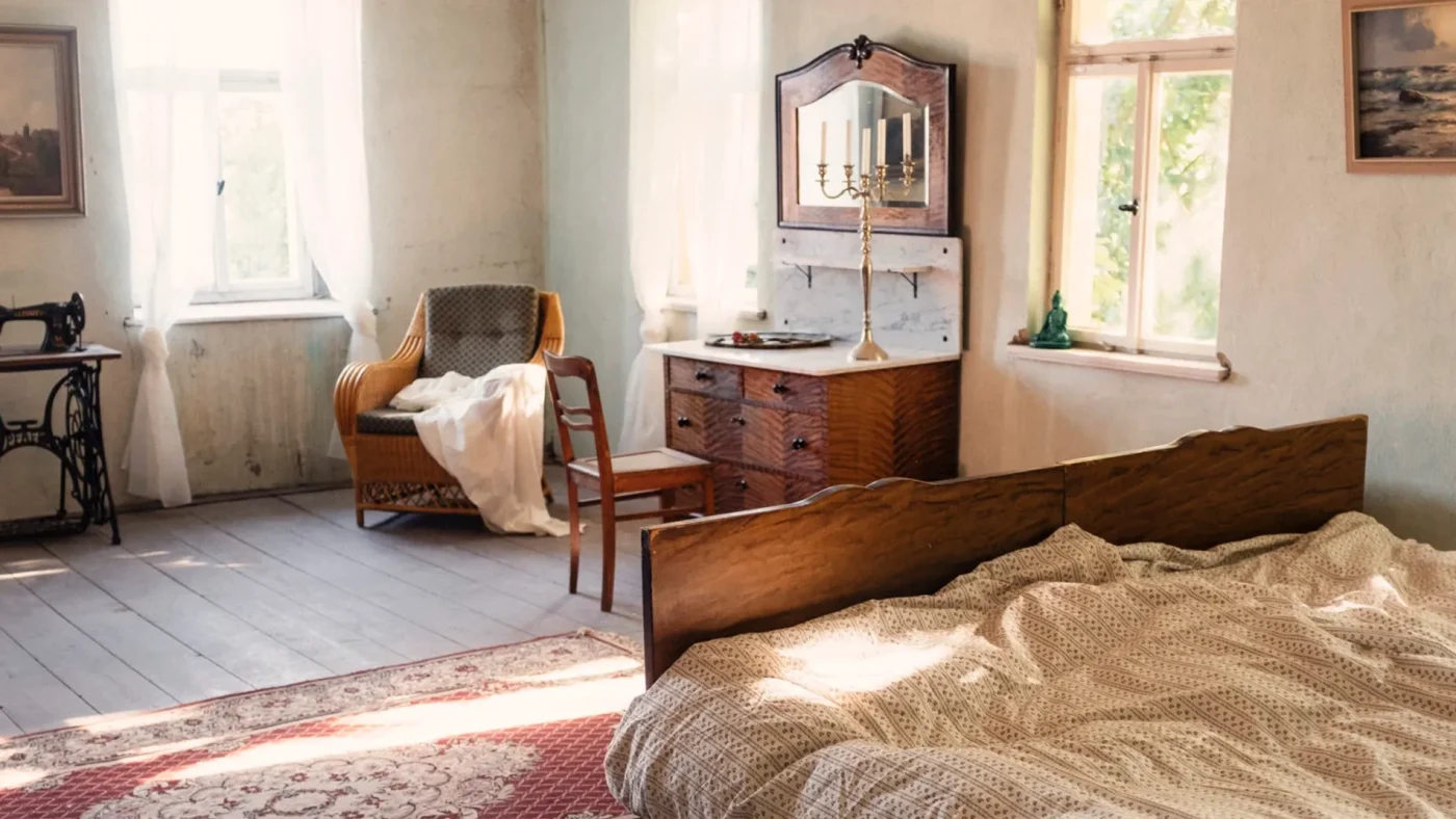 Rustikales Zimmer-Studio mit antikem Bett, Nähmaschine und Kerzenleuchter